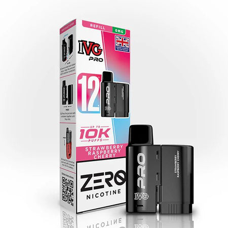IVG Pro 12 Refill Pods strawberry raspberry cherry 0mg pod with packaging on a white background - uk vape sales