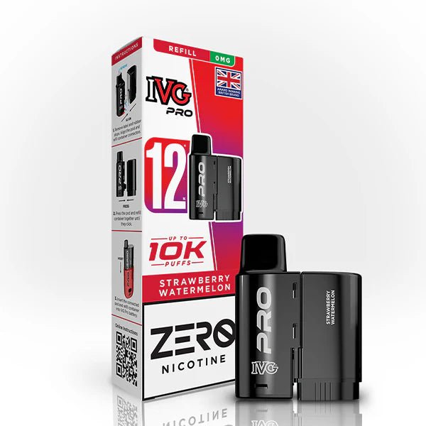 IVG Pro 12 Refill Pods strawberry watermelon 0mg pod with packaging on a white background - uk vape sales