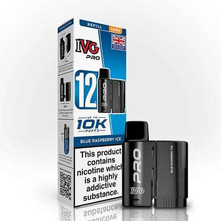 IVG Pro 12 Refill Pods blue raspberry ice 10mg pod with packaging on a white background - uk vape sales