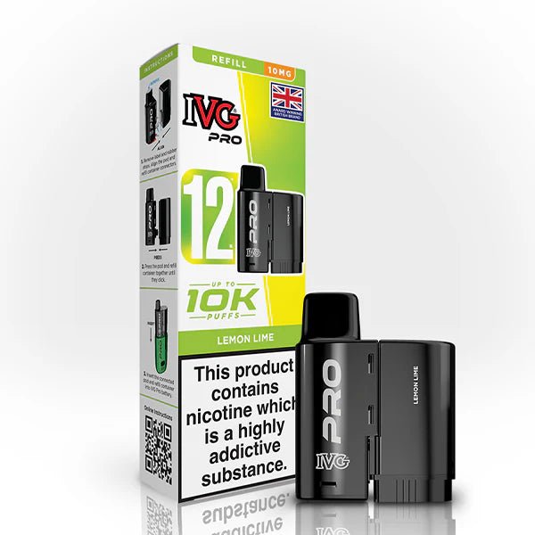 IVG Pro 12 Refill Pods lemon lime  10mg pod with packaging on a white background - uk vape sales