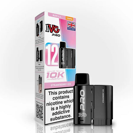 IVG Pro 12 Refill Pods strawberry ice 10mg pod with packaging on a white background - uk vape sales