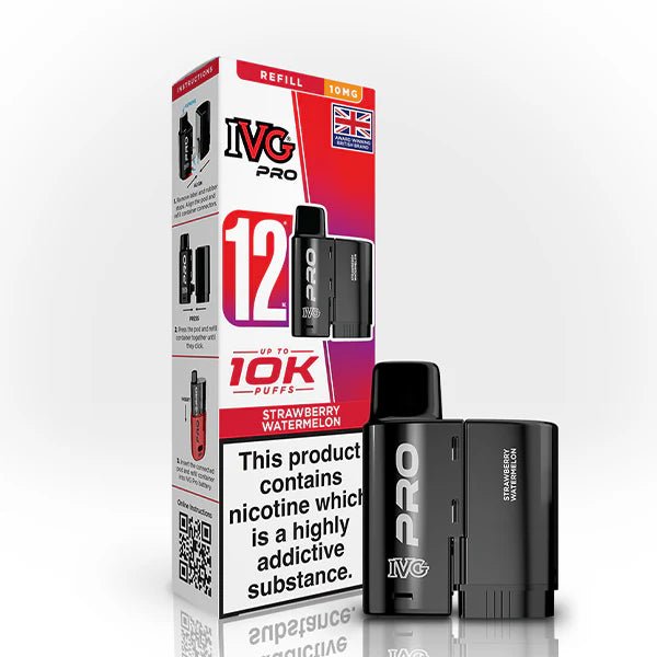 IVG Pro 12 Refill Pods strawberry watermelon 10mg with packaging on a white background - uk vape sales