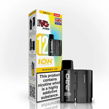 IVG Pro 12 Refill Pods blue banana ice 20mg pod with packaging on a white background - uk vape sales