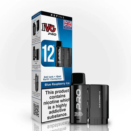 IVG Pro 12 Refill Pods blue raspberry ice 20mg pod with packaging on a white background - uk vape sales