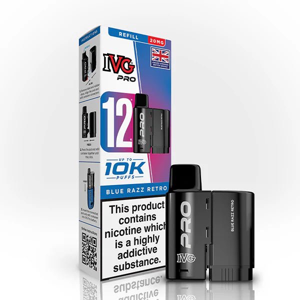 IVG Pro 12 Refill Pods blue razz retro 20mg pod with packaging on a white background - uk vape sales