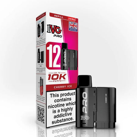 IVG Pro 12 Refill Pods cherry ice 20mg pod with packaging on a white background - uk vape sales
