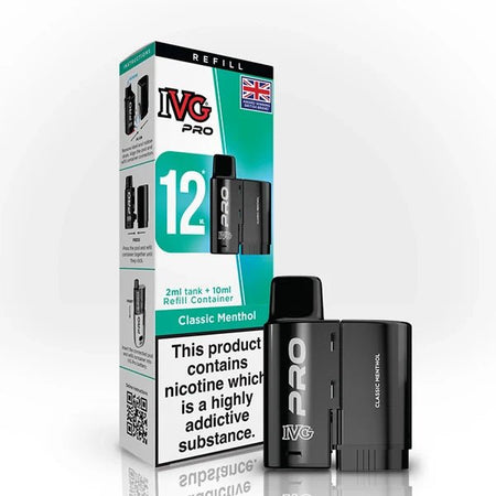 IVG Pro 12 Refill Pods classic menthol 20mg pod with packaging on a white background - uk vape sales
