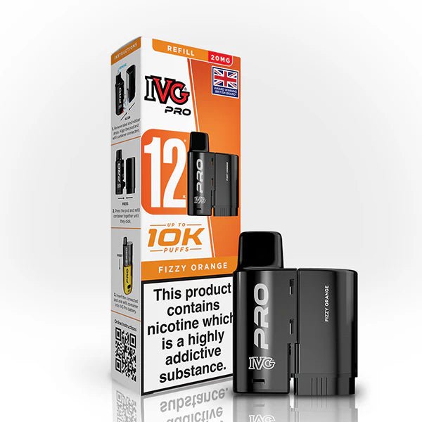 IVG Pro 12 Refill Pods fizzy orange 20mg pod with packaging on a white background - uk vape sales