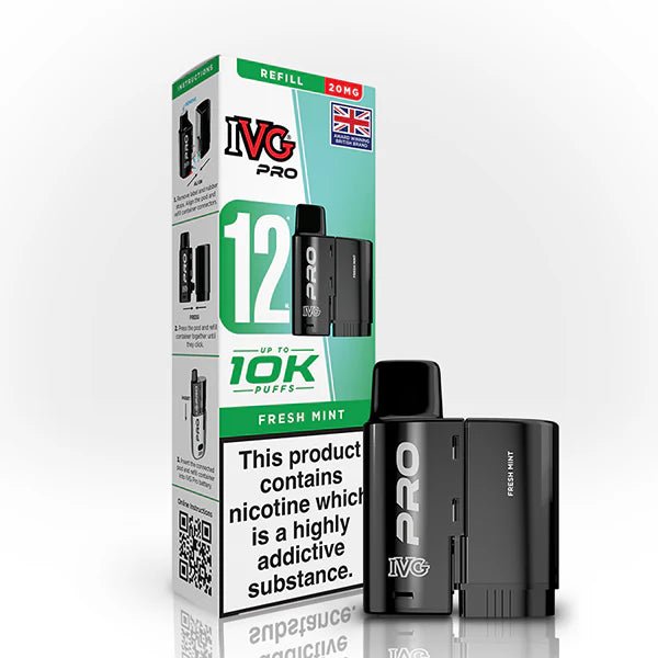 IVG Pro 12 Refill Pods fresh mint 20mg pod with packaging on a white background - uk vape sales