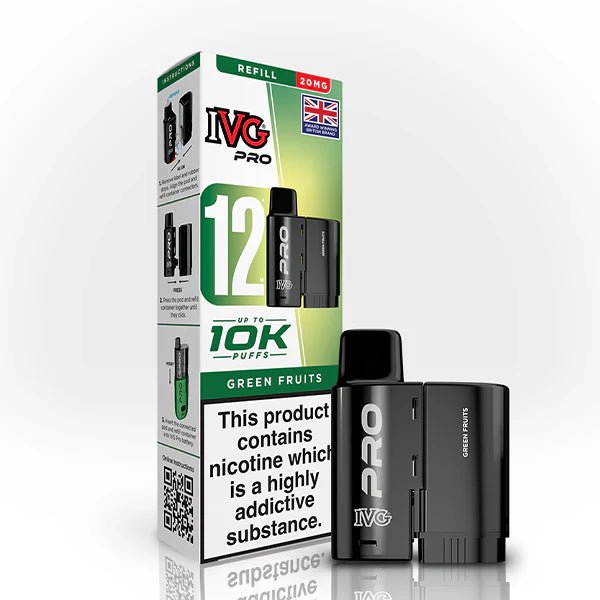 IVG Pro 12 Refill Pods green fruits 20mg pod with packaging on a white background - uk vape sales