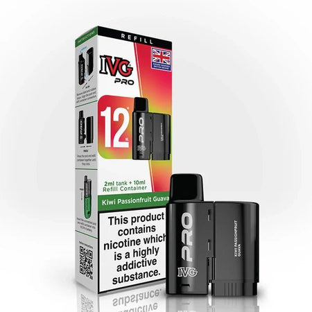 IVG Pro 12 Refill Pods kiwi passionfruit guava 20mg pod with packaging on a white background - uk vape sales