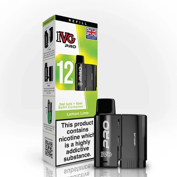 IVG Pro 12 Refill Pods lemon lime  20mg pod with packaging on a white background - uk vape sales