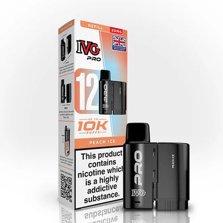IVG Pro 12 Refill Pods peach ice 20mg pod with packaging on a white background - uk vape sales