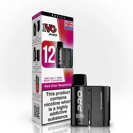 IVG Pro 12 Refill Pods red sour raspberry 20mg pod with packaging on a white background - uk vape sales