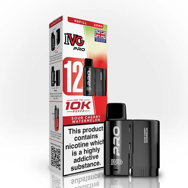 IVG Pro 12 Refill Pods sour cherry watermelon 20mg pod with packaging on a white background - uk vape sales