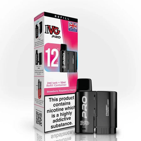 IVG Pro 12 Refill Pods strawberry raspberry cherry 20mg pod with packaging on a white background - uk vape sales