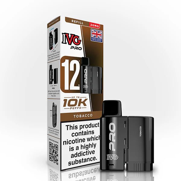 IVG Pro 12 Refill Pods tobacco 20mg pod with packaging on a white background - uk vape sales