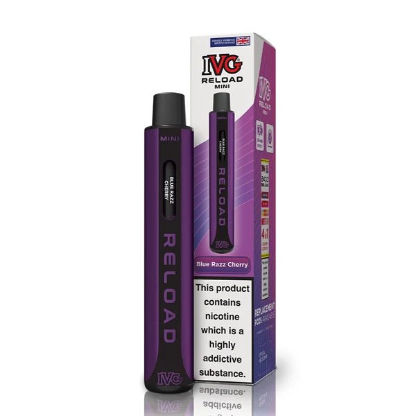 IVG Reload Mini vape kit blue razz cherry device and packaging on a white background - uk vape sales