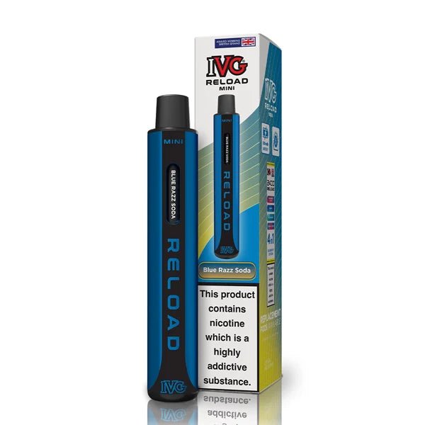 IVG Reload Mini vape kit blue razz soda device and packaging on a white background - uk vape sales