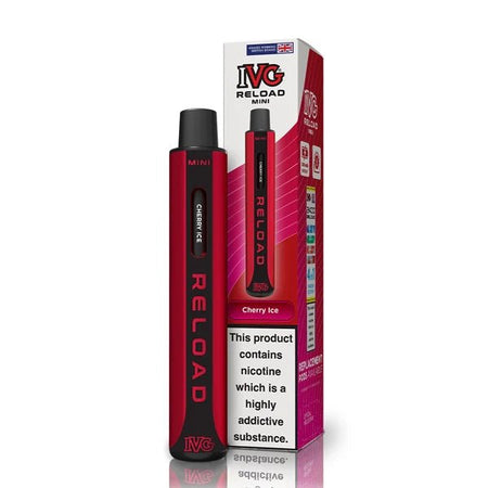 IVG Reload Mini vape kit cherry ice device and packaging on a white background - uk vape sales