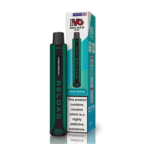 IVG Reload Mini vape kit classic menthol device and packaging on a white background - uk vape sales