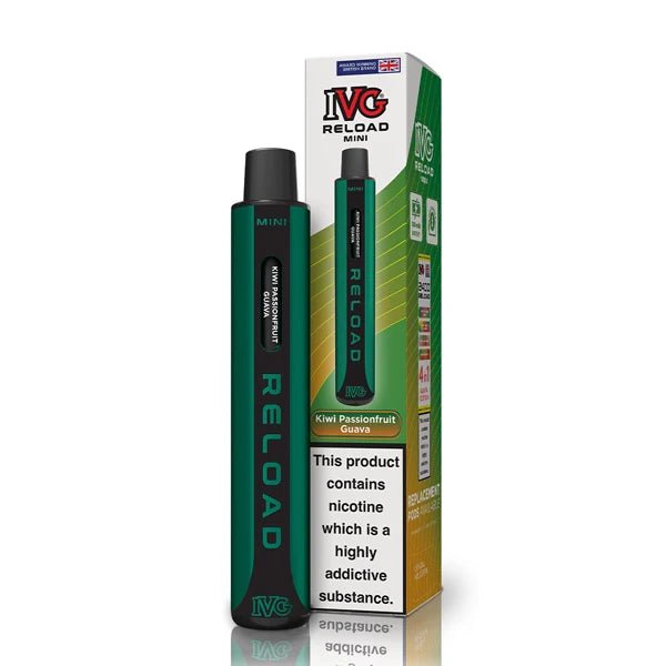 IVG Reload Mini vape kit kiwi passionfruit guava device and packaging on a white background - uk vape sales