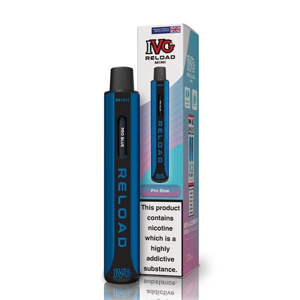 IVG Reload Mini vape kit pro blue device and packaging on a white background - uk vape sales