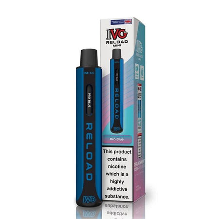 IVG Reload Mini vape kit pro blue device and packaging on a white background - uk vape sales