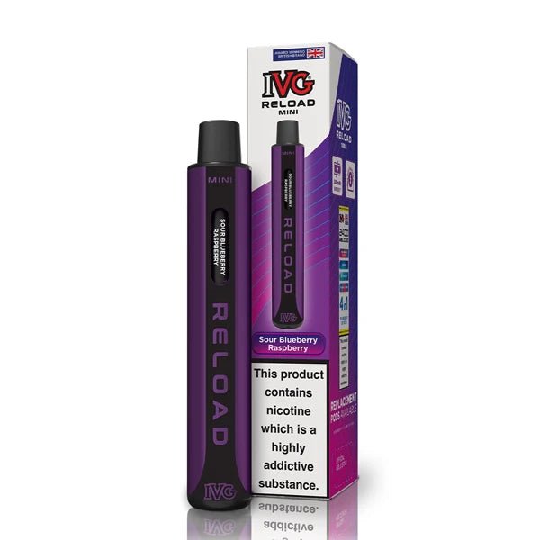 IVG Reload Mini vape kit sou blueberry raspberry device and packaging on a white background - uk vape sales
