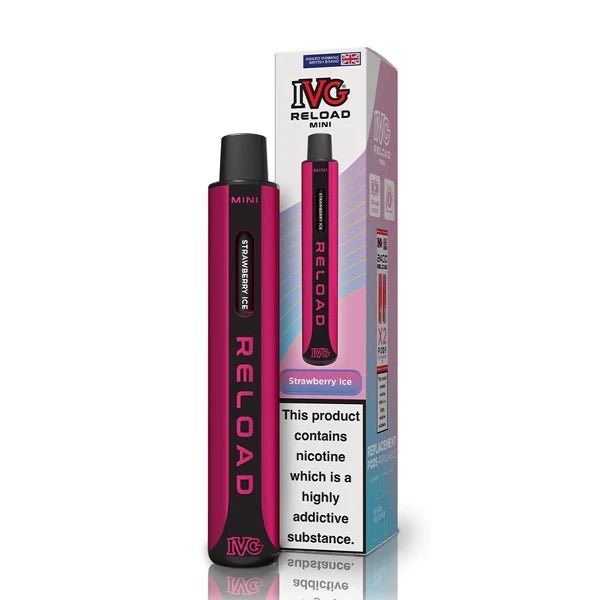 IVG Reload Mini vape kit strawberry ice device and packaging on a white background - uk vape sales