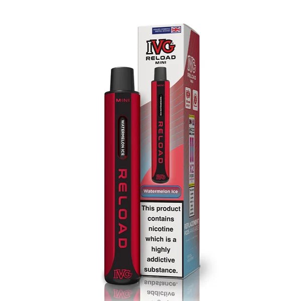 IVG Reload Mini vape kit watermelon ice device and packaging on a white background - uk vape sales