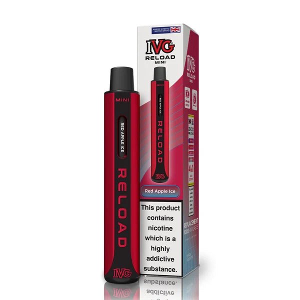 IVG Reload Mini vape kit red apple ice device and packaging on a white background - uk vape sales