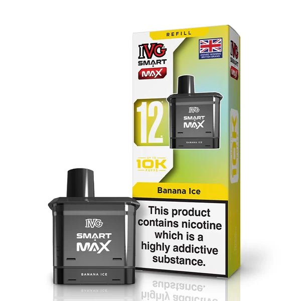 IVG Smart Max Refill Pods banana ice pod with packaging on a white background - uk vape sales