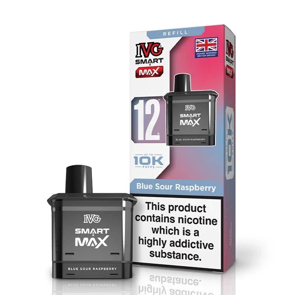 IVG Smart Max Refill Pods blue sour raspberry pod with packaging on a white background - uk vape sales