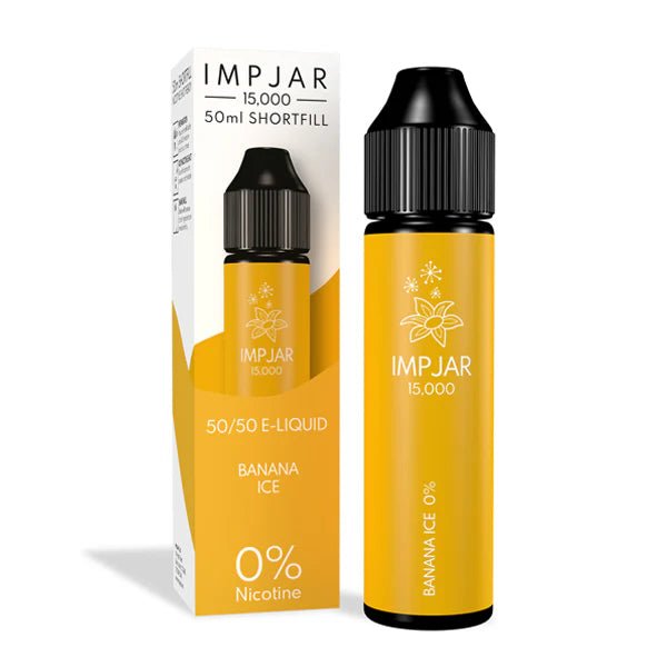 Imp Jar 50ml E-Liquid banana ice 50ml shortfill bottle with box on white background - UK vape sales