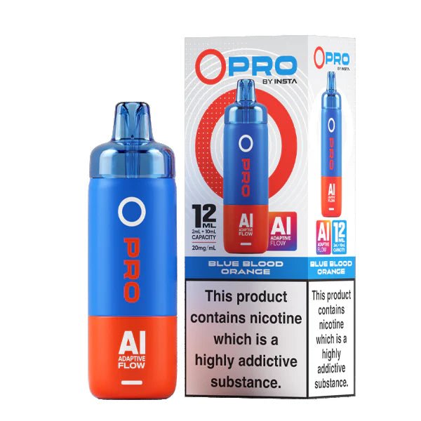Insta O Pro Vape Kit blue blood orange device and packaging on a white background - uk vape sales