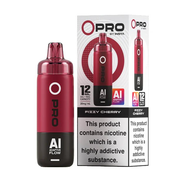 Insta O Pro Vape Kit fizzy cherry device and packaging on a white background - uk vape sales