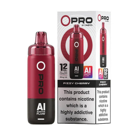Insta O Pro Vape Kit fizzy cherry device and packaging on a white background - uk vape sales