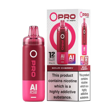 Insta O Pro Vape Kit sour cherry device and packaging on a white background - uk vape sales