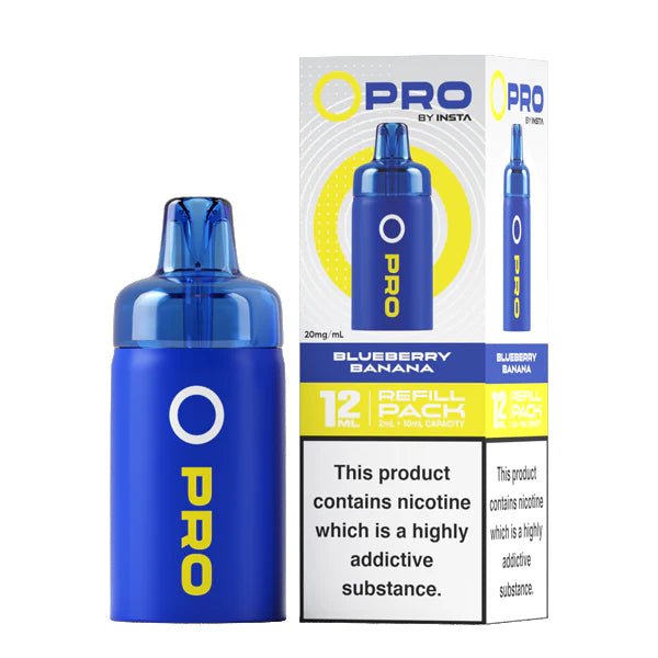 Insta O Pro Refill Pods blueberry banana prefilled pod with packaging on a white background - uk vape sales