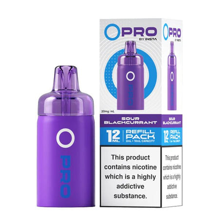 Insta O Pro Refill Pods sour blackcurrant prefilled pod with packaging on a white background - uk vape sales