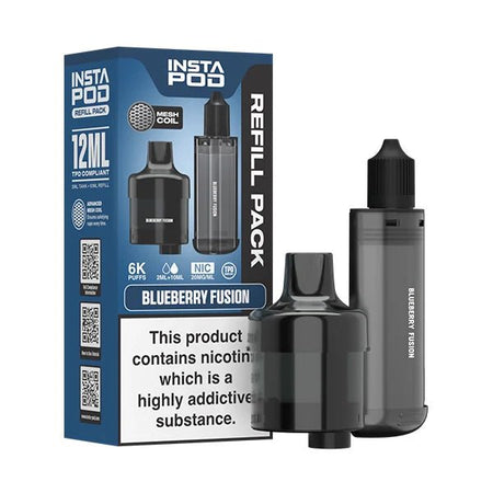 Insta Pod Refill Pods blueberry fusion refill pack with black prefilled vape pods on a white background - uk vape sales