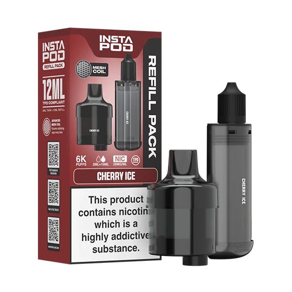 Insta Pod Refill Pods cherry ice refill pack with black prefilled vape pods on a white background - uk vape sales