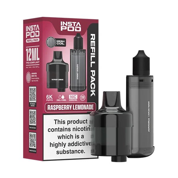 Insta Pod Refill Pods raspberry lemonade refill pack with black prefilled vape pods on a white background - uk vape sales