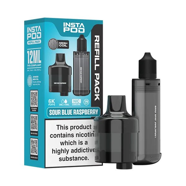 Insta Pod Refill Pods sour blue raspberry refill pack with black prefilled vape pods on a white background - uk vape sales