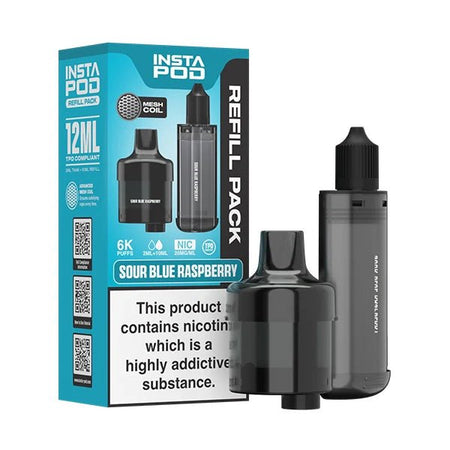 Insta Pod Refill Pods sour blue raspberry refill pack with black prefilled vape pods on a white background - uk vape sales
