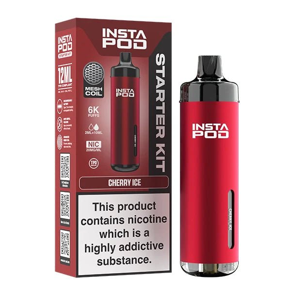 Insta Pod vape kit cherry ice device with packaging on a white background - uk vape sales
