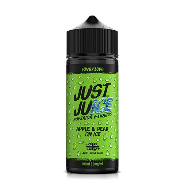 Just Juice Iconic E-Liquid apple & pear on ice 100ml shortfill bottle on a white background - UK vape sales