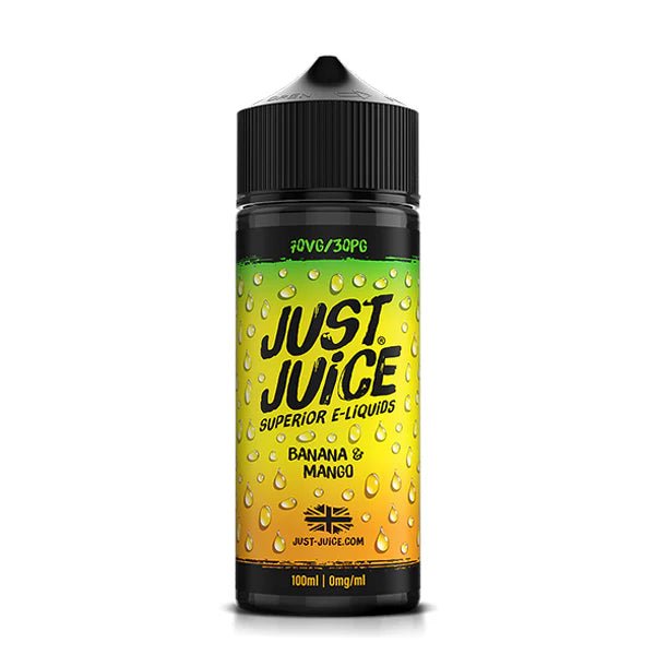 Just Juice Iconic E-Liquid banana & mango 100ml shortfill bottle on a white background - UK vape sales