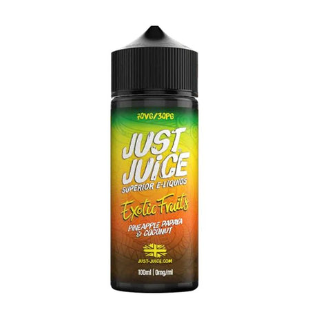 Just Juice Exotic Fruits E-Liquid pineapple papaya & coconut 100ml shortfill bottle on a white background - UK vape sales